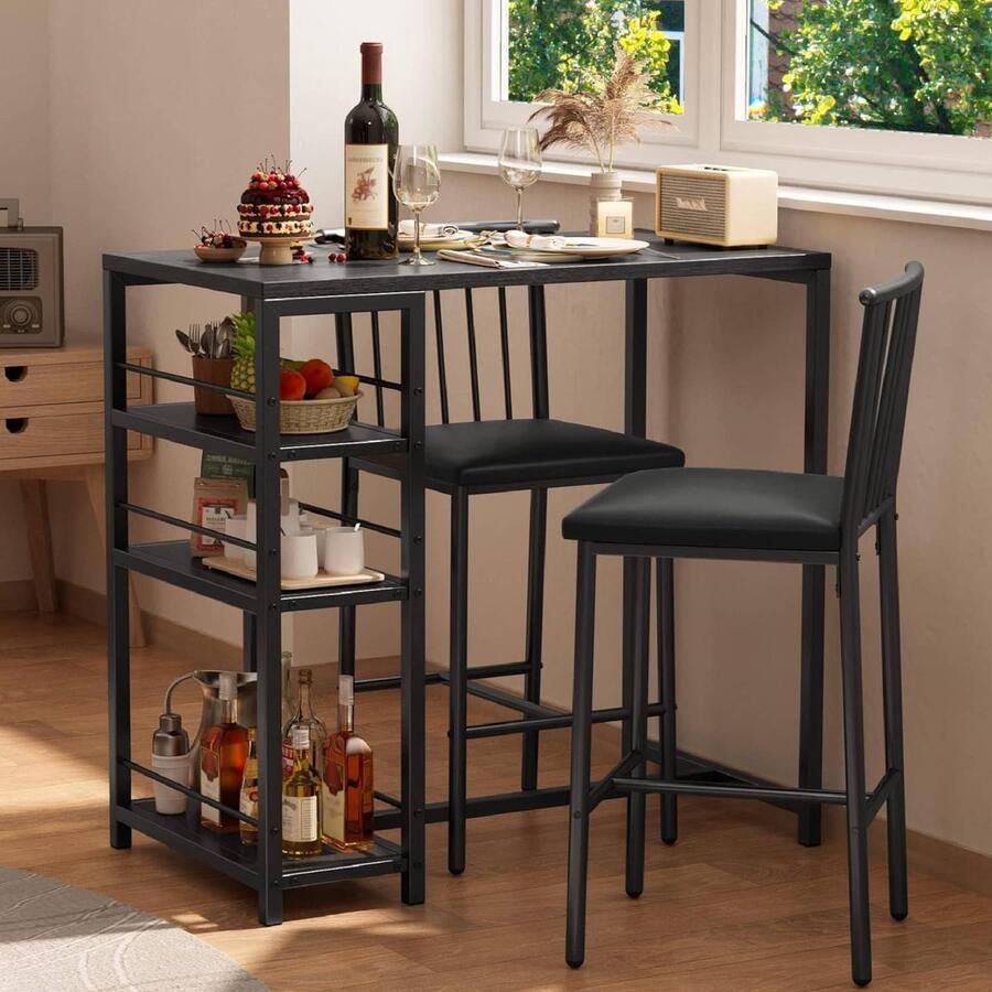 Bealife TB51 Bartafel Bartafelset 3-delig keukentafel met stoelen voor keuken eetkamer bistro Eettafel en 2 stoelen met rugleuning en bekleding (Zwart)