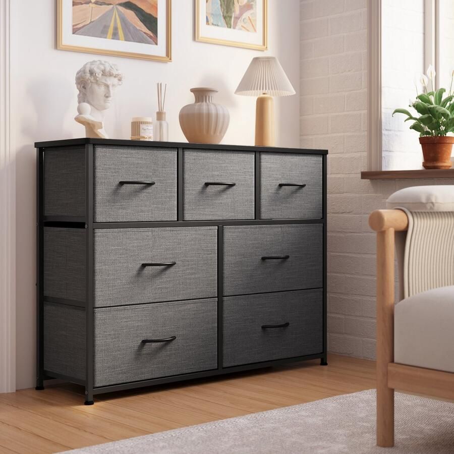 Bealife Xbro Ladekast – Dressoir met 7 stoffen lades met handgrepen – houten bovenblad metalen frame – zwart – ideaal voor slaapkamer woonkamer hal keuken of kantoorf