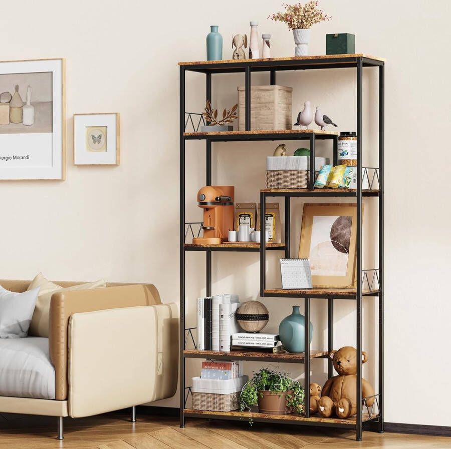 Bealife FS13 Boekenrek met 5 planken Boekenkast industrieel Kasten 98x30x180cm Bruin - Foto 2