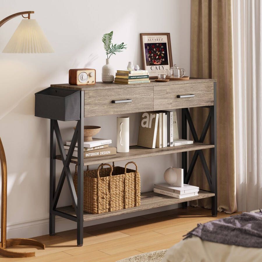 Bealife FS30 Halkasten-Consoletafel Halmeubel Gangtafel met 2 Laden en 2-Laags opbergvakken 100x30x81cm-Grijs