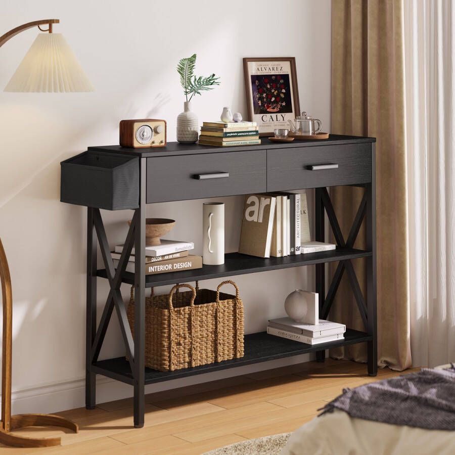 Bealife FS30 Halkasten-Consoletafel Halmeubel Gangtafel met 2 Laden en 2-Laags opbergvakken 100x30x81cm-Zwart