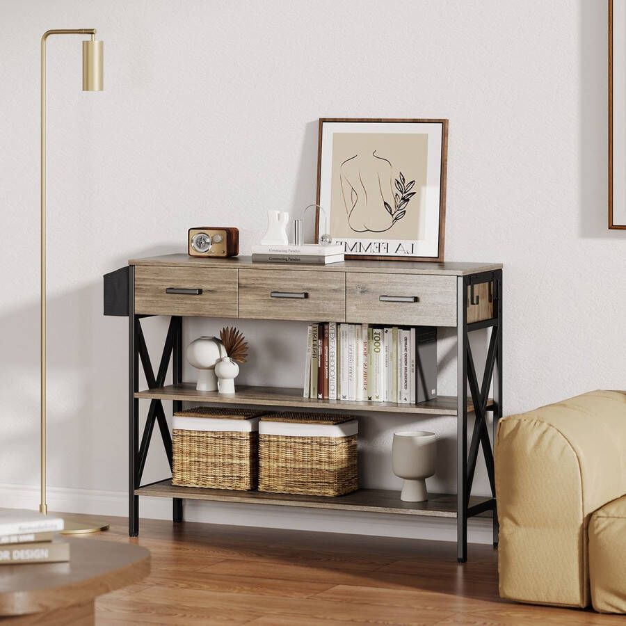 Bealife FS31 Halkasten-Consoletafel Halmeubel Gangtafel met 2 Laden en 2-Laags opbergvakken 120x30x81cm-Grijs