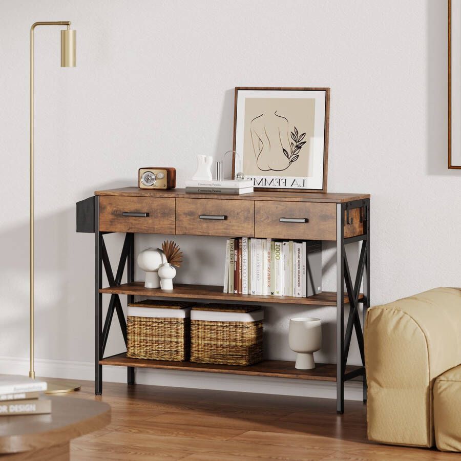 Bealife FS31 Halkasten-Consoletafel Halmeubel Gangtafel met 2 Laden en 2-Laags opbergvakken 120x30x81cm-Donkerbruin