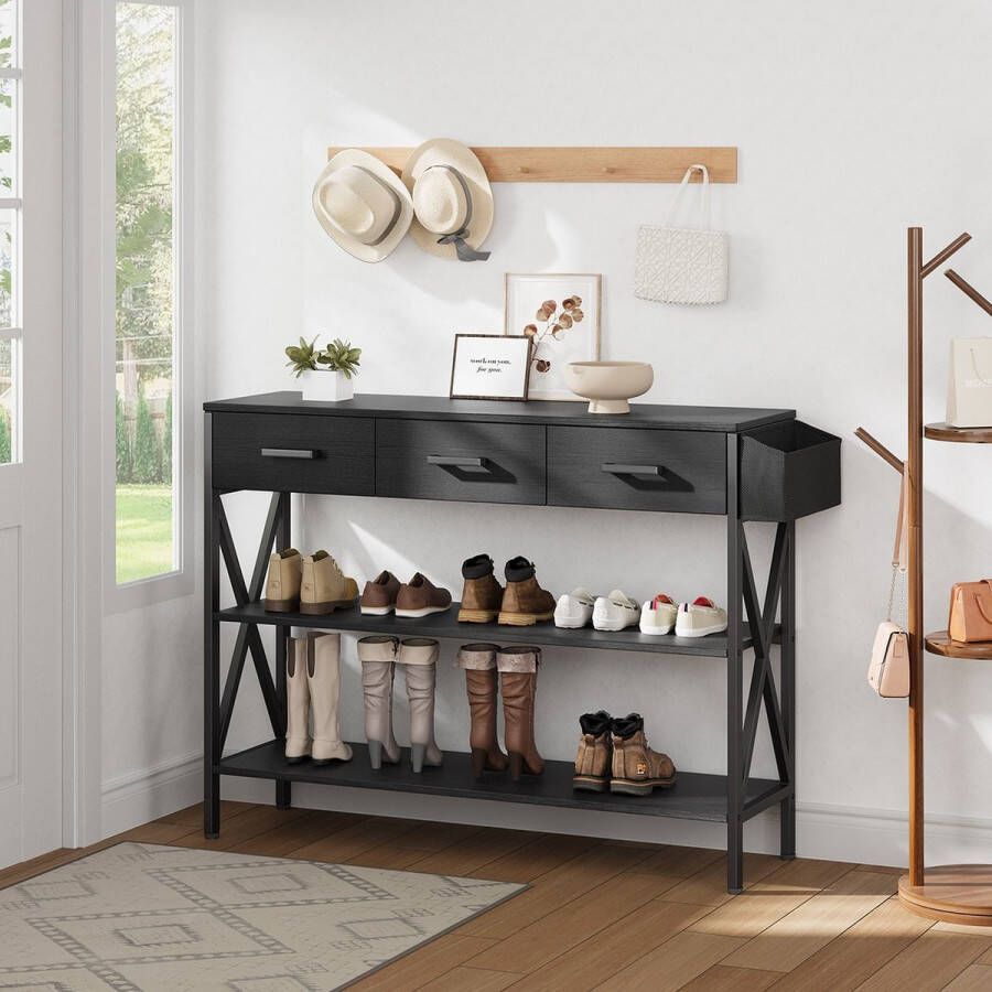 Bealife FS31 Halkasten-Consoletafel Halmeubel Gangtafel met 2 Laden en 2-Laags opbergvakken 120x30x81cm-Zwart
