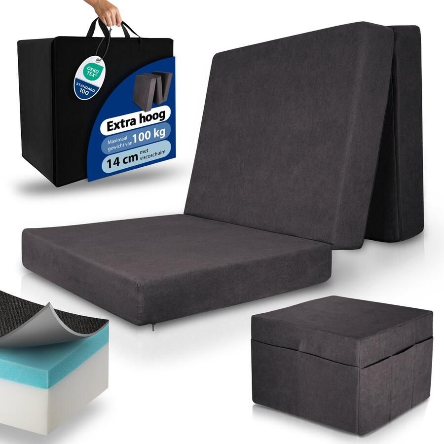 Beautissu VS95 Premium L Vouwmatras 75x195 cm – Opvouwbaar Logeermartas Extra Dik 14 cm Traagschuim Matras H3 – Wasbare Hoes Eenvoudig Transport & Hoog Slaapcomfort Opvouwbaar Gastenmatras – Antrazit