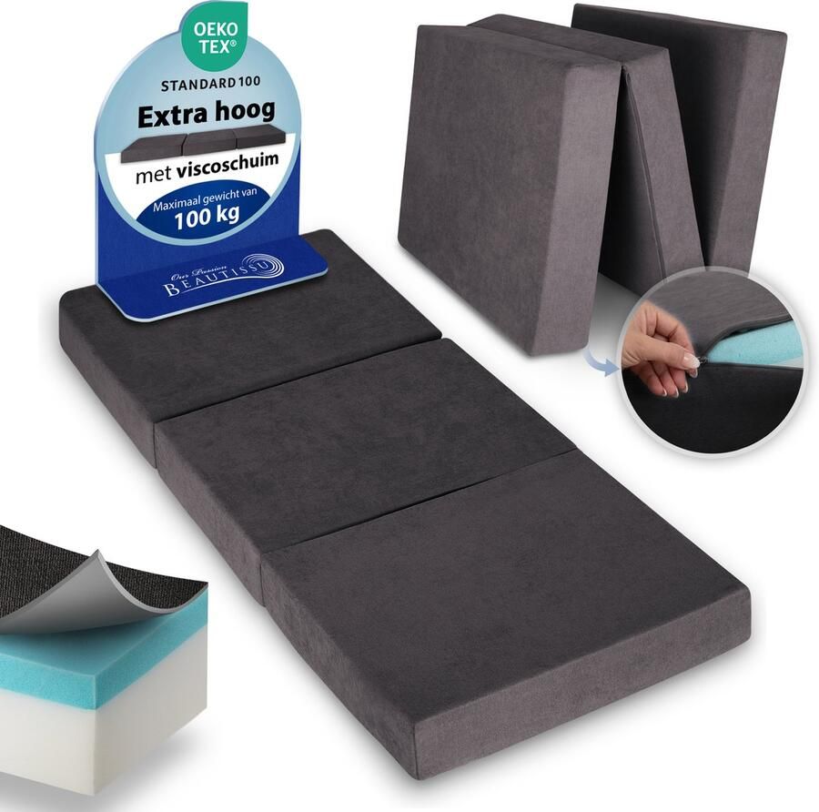 Beautissu VS95 Premium L Vouwmatras 75x195 cm – Opvouwbaar Logeermartas Extra Dik 14 cm Traagschuim Matras H3 – Wasbare Hoes Eenvoudig Transport & Hoog Slaapcomfort Opvouwbaar Gastenmatras – Grijs
