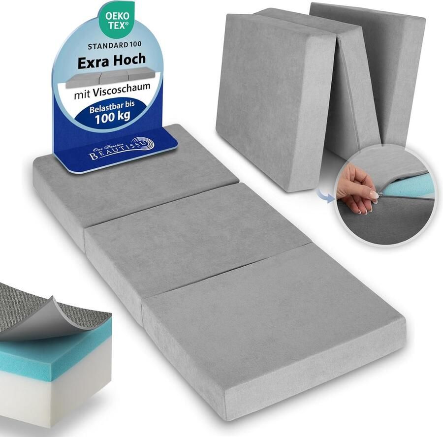 Beautissu VS95 – Premium Opvouwbaar Matras 1 Persoons 75x195cm – Extra Dik 14cm Traagschuim Vouwmatras H3 – Wasbare Hoes Eenvoudig Transport – Grijs