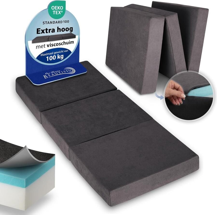 Beautissu VS95 – Premium Opvouwbaar Matras L 80x200cm – Extra Dik 14cm Traagschuim Vouwmatras H3 – Wasbar – Eenvoudig Transport – Antraciet