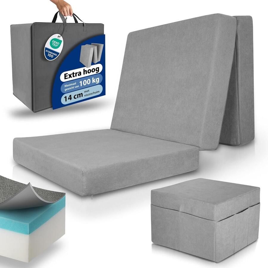 Beautissu VS95 – Premium Opvouwbaar Matras L 80x200cm inkl. Hoes – Extra Dik 14 cm Traagschuim Vouwmatras H3 – Wasbar Eenvoudig – Transport – Grijs