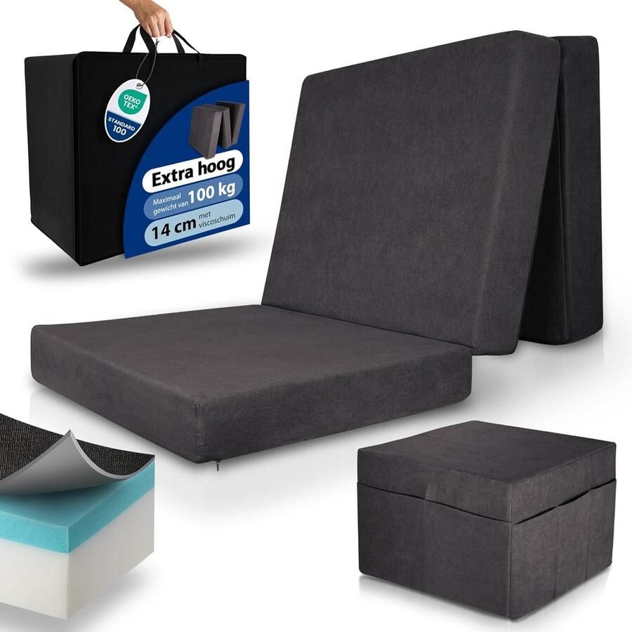 Beautissu VS95 – Premium Opvouwbaar Matras L 80x200cm inkl. Hoes – Extra Dik 14 cm Traagschuim Vouwmatras H3 – Wasbar Eenvoudig – Transport – Antraciet