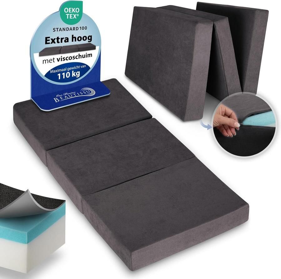 Beautissu VS95 – Premium Opvouwbaar Matras XL 100x200cm – Extra Dik 14cm Traagschuim Vouwmatras H3 – Wasbar – Eenvoudig Transport – Antraciet