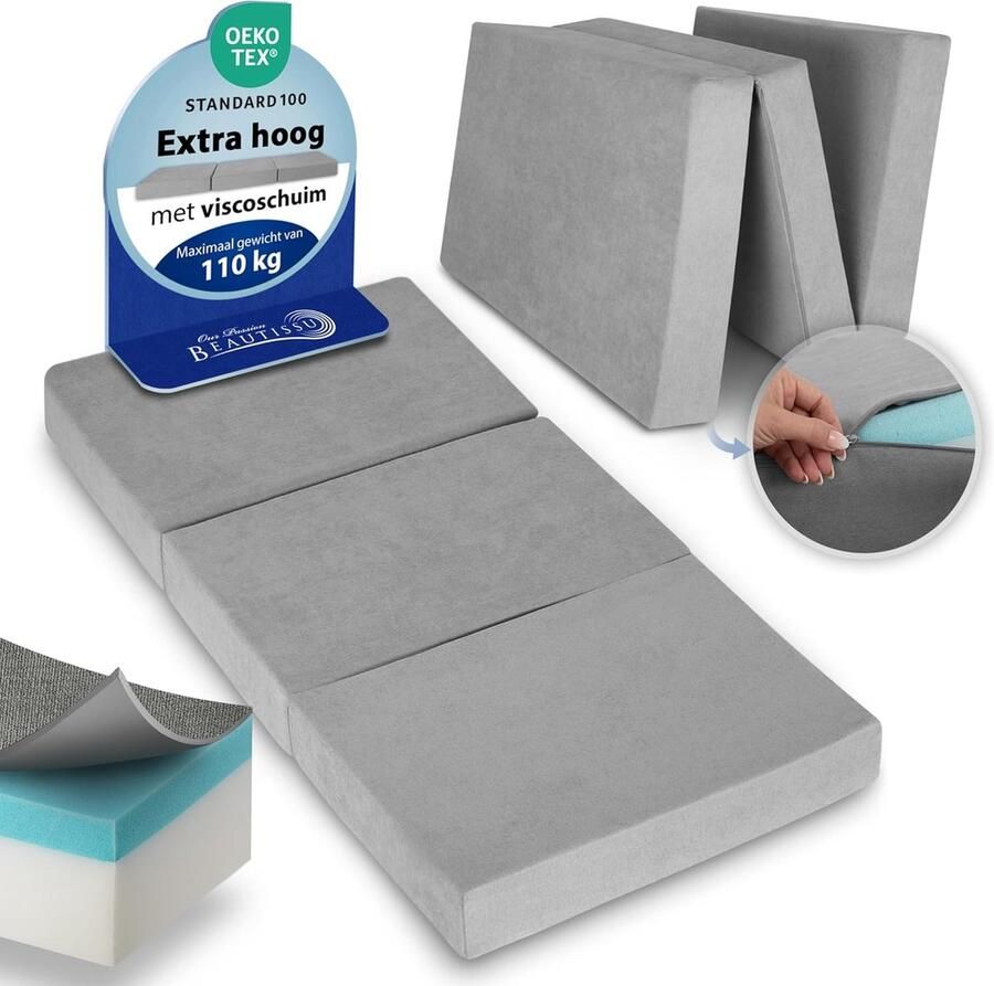 Beautissu VS95 – Premium Opvouwbaar Matras XL 100X200cm – Extra Dik 14cm Traagschuim Vouwmatras H3 – Wasbar – Eenvoudig Transport – Grijs