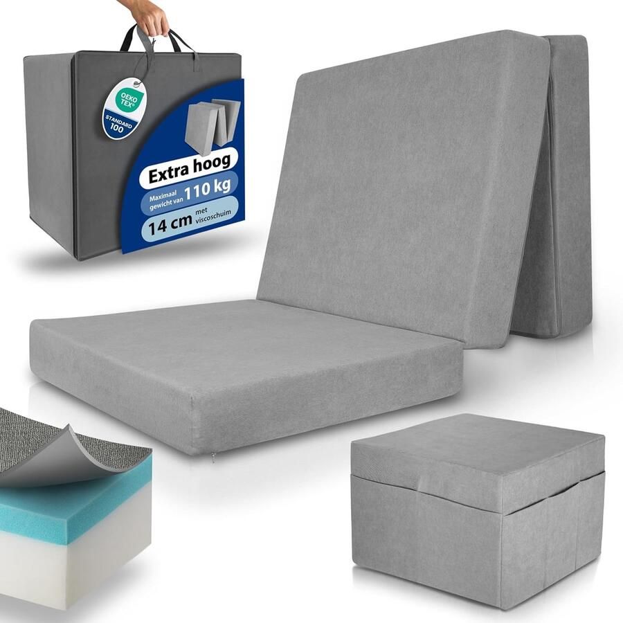 Beautissu VS95 – Premium Opvouwbaar Matras XL 100x200cm inkl. Hoes – Extra Dik 14 cm Traagschuim Vouwmatras H3 – Wasbar Eenvoudig – Transport – Grijs