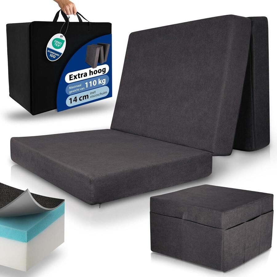 Beautissu VS95 – Premium Opvouwbaar Matras XL 100x200cm inkl. Hoes – Extra Dik 14 cm Traagschuim Vouwmatras H3 – Wasbar Eenvoudig – Transport – Antraciet