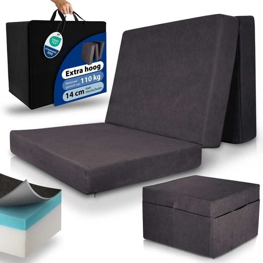 Beautissu VS95 Premium XL Vouwmatras 90x200 cm – Opvouwbaar Logeermartas Extra Dik 14 cm Traagschuim Matras H3 – Wasbare Hoes Eenvoudig Transport & Hoog Slaapcomfort Opvouwbaar Gastenmatras – Antrazit