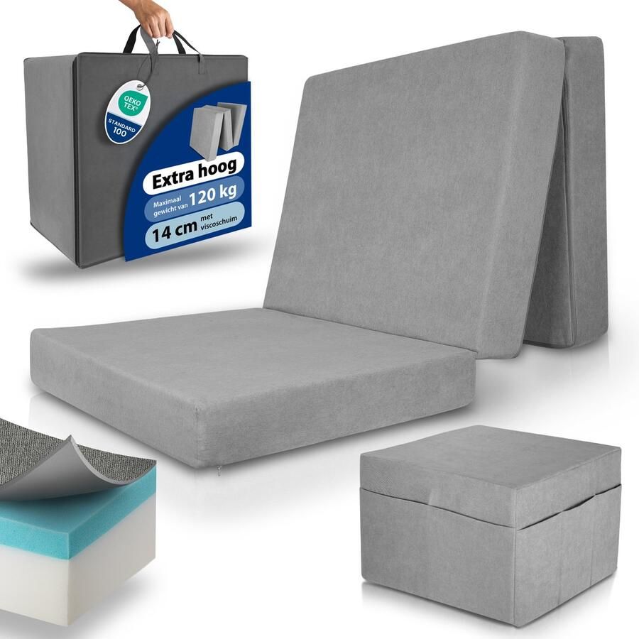 Beautissu VS95 Premium XL Vouwmatras 90x200 cm – Opvouwbaar Logeermartas Extra Dik 14 cm Traagschuim Matras H3 – Wasbare Hoes Eenvoudig Transport & Hoog Slaapcomfort Opvouwbaar Gastenmatras – Grijs