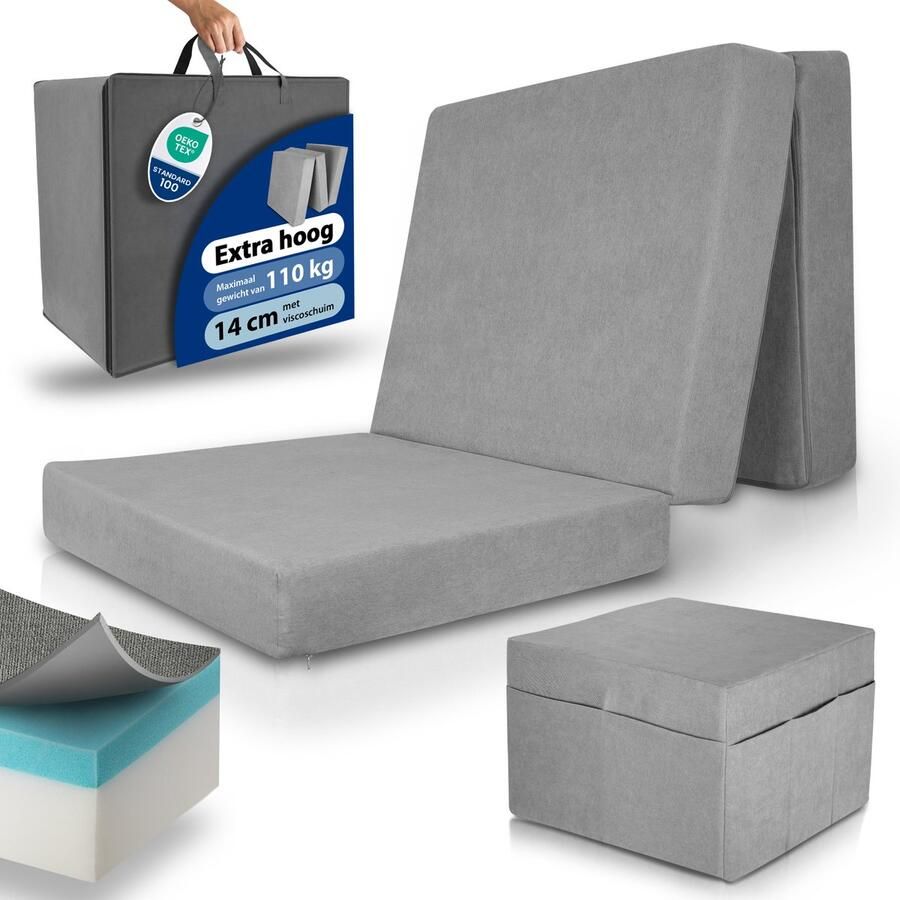 Beautissu Premium XL VS95 – Premium Opvouwbaar Matras 1 Persoons 90x200cm – Extra Dik 14cm Traagschuim Vouwmatras H3 – Wasbare Hoes Eenvoudig Transport – Grijs
