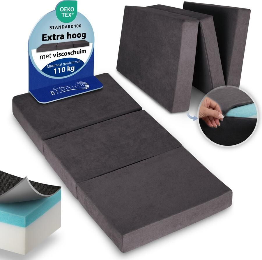 Beautissu VS95 Premium XL Vouwmatras 90x200 cm – Opvouwbaar Logeermartas Extra Dik 14 cm Traagschuim Matras H3 – Wasbare Hoes Eenvoudig Transport & Hoog Slaapcomfort Opvouwbaar Gastenmatras – Grijs