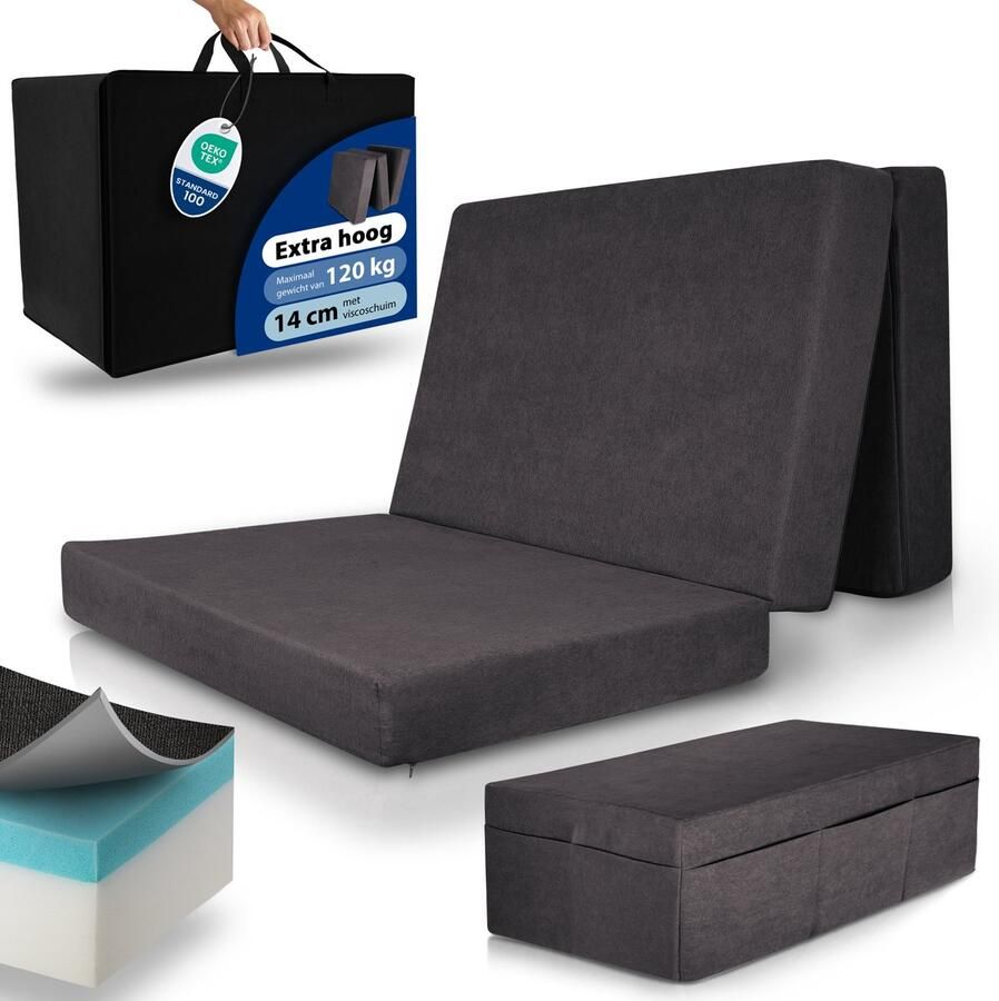 Beautissu VS95 Premium XXL Vouwmatras 120x200 cm – Opvouwbaar Logeermartas Extra Dik 14 cm Traagschuim Matras H3 – Wasbare Hoes Eenvoudig Transport & Hoog Slaapcomfort Opvouwbaar Gastenmatras – Antrazit
