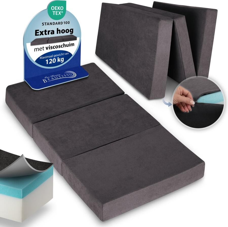Beautissu VS95 Premium XXL Vouwmatras 120x200 cm – Opvouwbaar Logeermartas Extra Dik 14 cm Traagschuim Matras H3 – Wasbare Hoes Eenvoudig Transport & Hoog Slaapcomfort Opvouwbaar Gastenmatras – Grijs - Foto 2