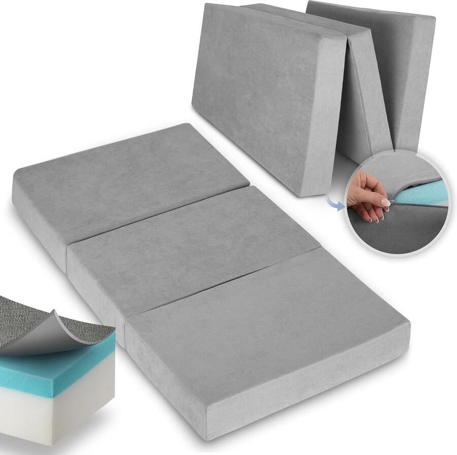 Beautissu VS95 – Premium Opvouwbaar Matras 1 Persoons 120x200cm – Extra Dik 14cm Traagschuim Vouwmatras H3 – Wasbare Hoes Eenvoudig Transport – Grijs