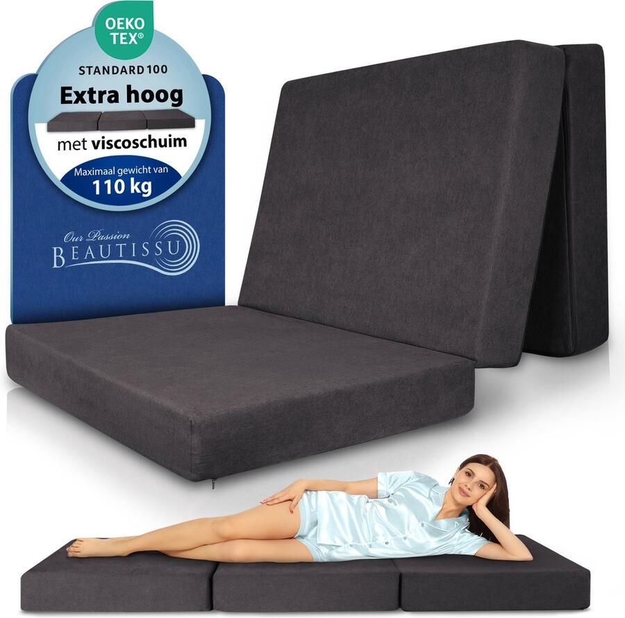 Beautissu VS95 Premium XL Vouwmatras 90x200 cm – Opvouwbaar Logeermartas Extra Dik 14 cm Traagschuim Matras H3 – Wasbare Hoes Eenvoudig Transport & Hoog Slaapcomfort Opvouwbaar Gastenmatras – Grijs - Foto 2
