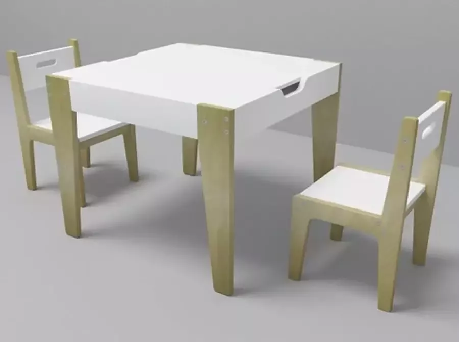 Beboonz Square kindertafel met twee stoeltjes 1 kindertafel met twee stoeltjes opbergruimte onder werkblad omkeerbaar werkblad krijtgedeelte vierkante werkblad knutseltafel
