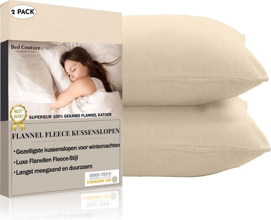 Bed Couture Flanel Fleece Kussenslopen 100% Katoen Extra zacht en Warm Set van 2 50x70 Cm Vanille