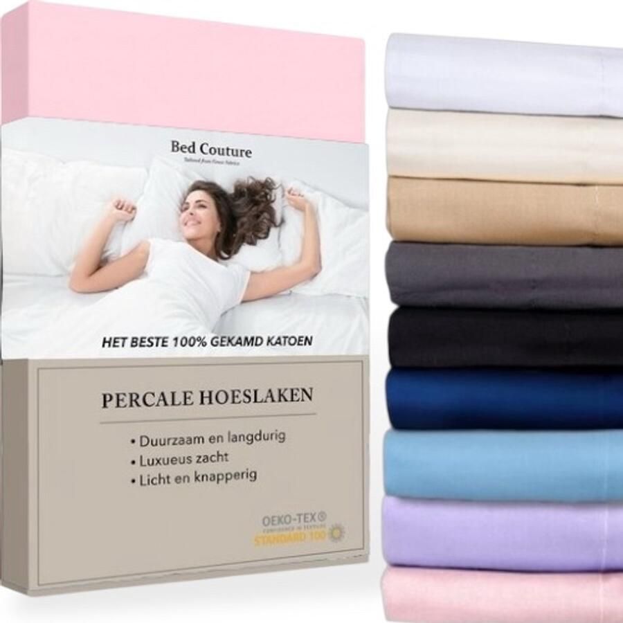 Bed Couture Percale Hoeslaken van 100% hoogwaardig imperial weave Katoen Eenpersoons 100x200cm Hoekhoogte 30cm Ultra zacht en soepel Roze