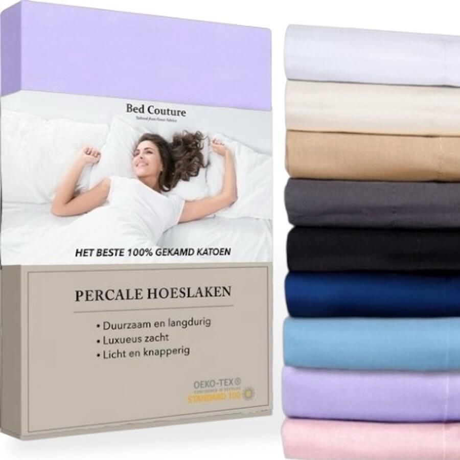 Bed Couture Percale Hoeslaken van 100% hoogwaardig imperial weave Katoen Lits-Jumeaux 180x200cm Hoekhoogte 30cm Ultra zacht en soepel Lavendel