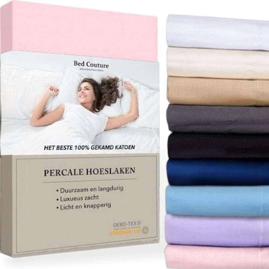 Bed Couture Percale Hoeslaken van 100% hoogwaardig imperial weave Katoen Lits-Jumeaux extra breed 200x200cm Hoekhoogte 30cm Ultra zacht en soepel Roze