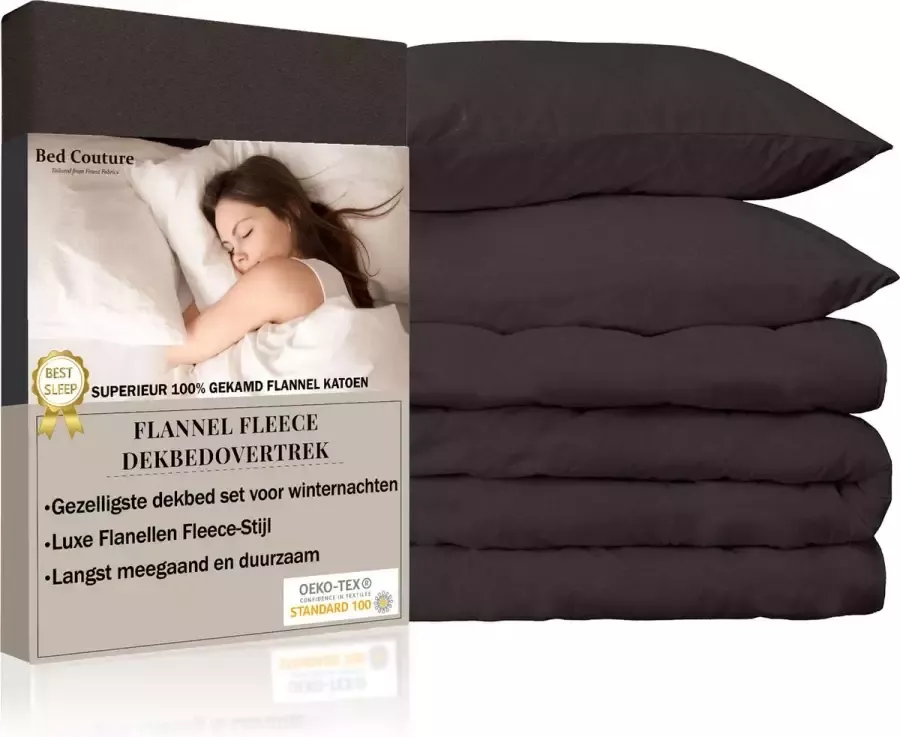 Bed Couture Flanel Fleece Dekbedovertrek set 100% Katoen Extra zacht en Warm 155x200 + 2 kussenslopen 65x65 Antraciet Ecru