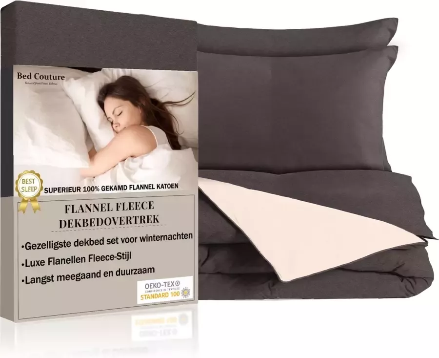 Bed Couture Flanel Fleece Dekbedovertrek set 100% Katoen Extra zacht en Warm 155x220 + 2 kussenslopen 50x70 Winter Grijs