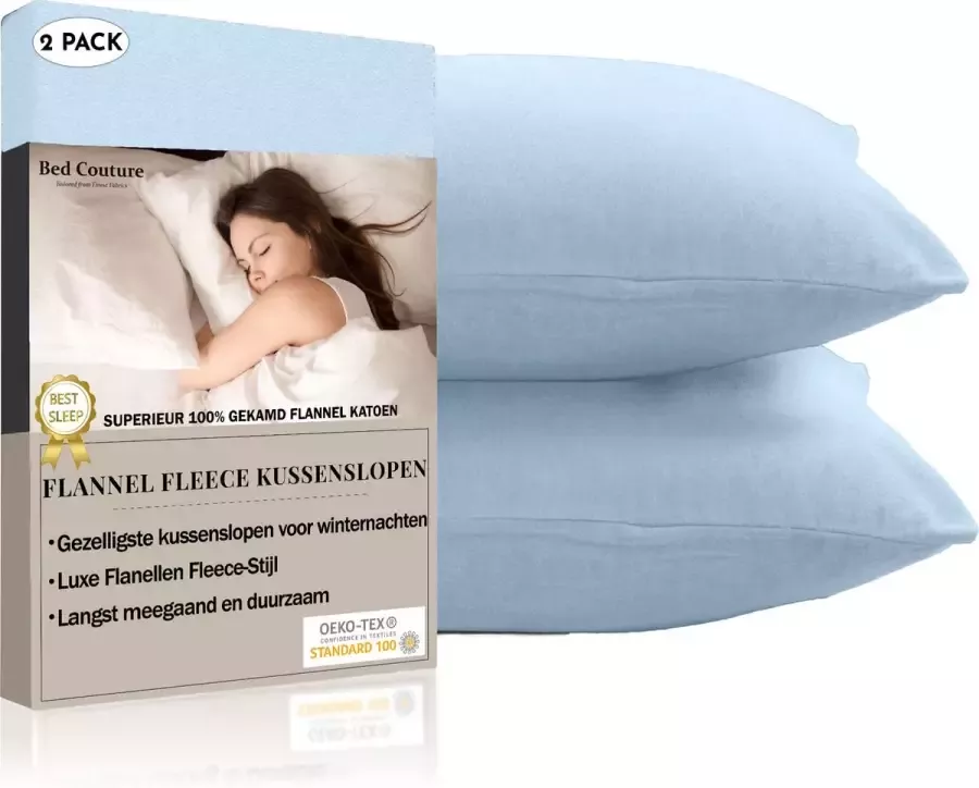 Bed Couture Flanel Fleece Kussenslopen 100% Katoen Extra zacht en Warm Set van 2 80x80 Cm Hemelblauw