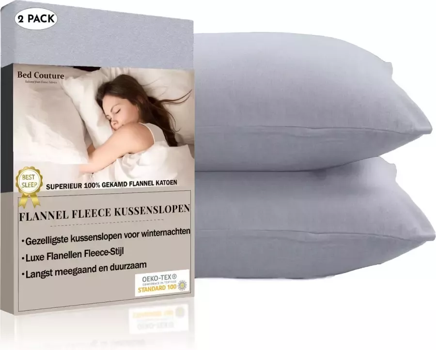Bed Couture Flanel Fleece Kussenslopen 80x80 Cm 100% Katoen Extra zacht en Warm Set van 2 Winter Grijs
