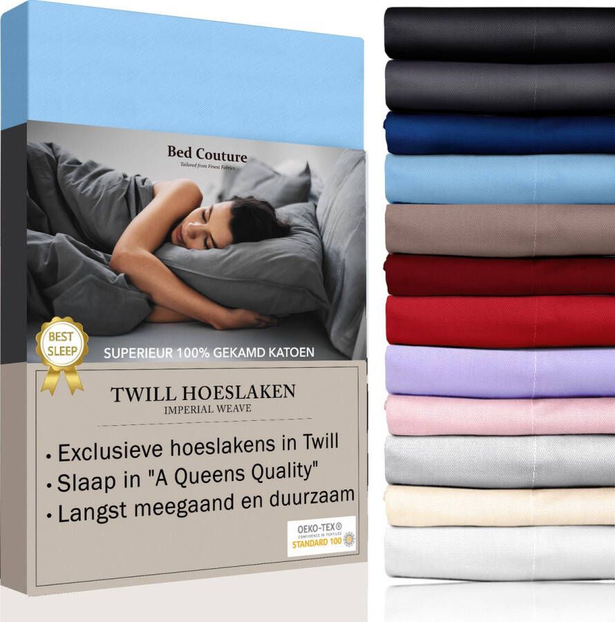 Bed Couture Twill Hoeslaken van 100% Katoen Twijfelaar 120x200cm Hoekhoogte 30cm Ultra Zacht en Duurzaam Hemelsblauw
