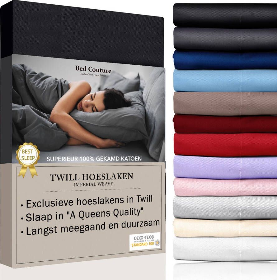 Bed Couture Twill Hoeslaken van 100% Katoen Twijfelaar 120x200cm Hoekhoogte 30cm Ultra Zacht en Duurzaam Zwart