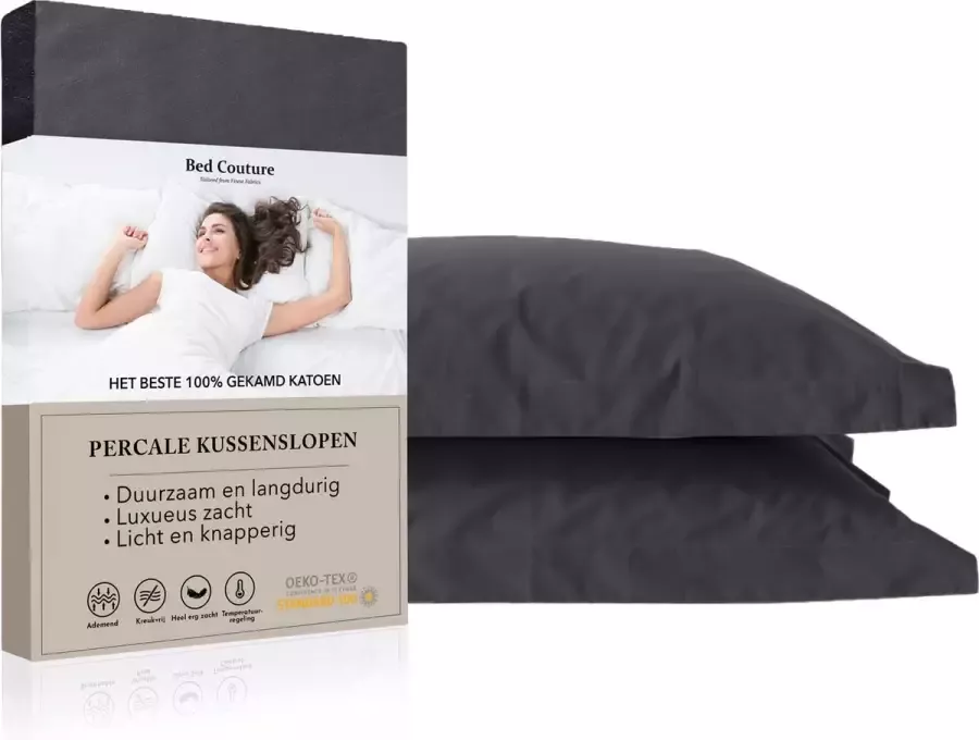 Bed Couture Percale Kussenslopen van 100% hoogwaardig Katoen 60x70cm Ultra zacht en soepel set van 2 Zwart