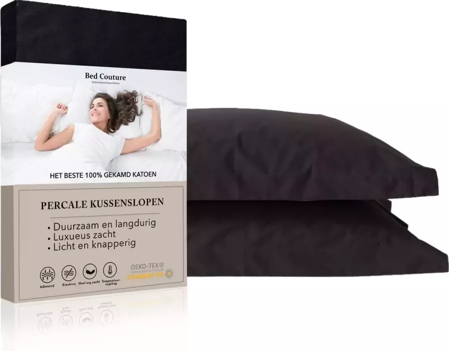 Bed Couture Percale Kussenslopen van 100% hoogwaardig Katoen 63x63cm Ultra zacht en soepel set van 2 Zwart