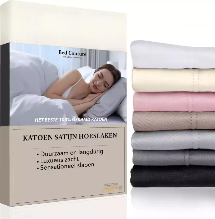 Bed Couture Satijnen Hoeslaken 100% Katoen Satijn Ecru 100x200cm Hoekhoogte 25cm Super Zacht 5 Sterrenhotel Kwaliteit