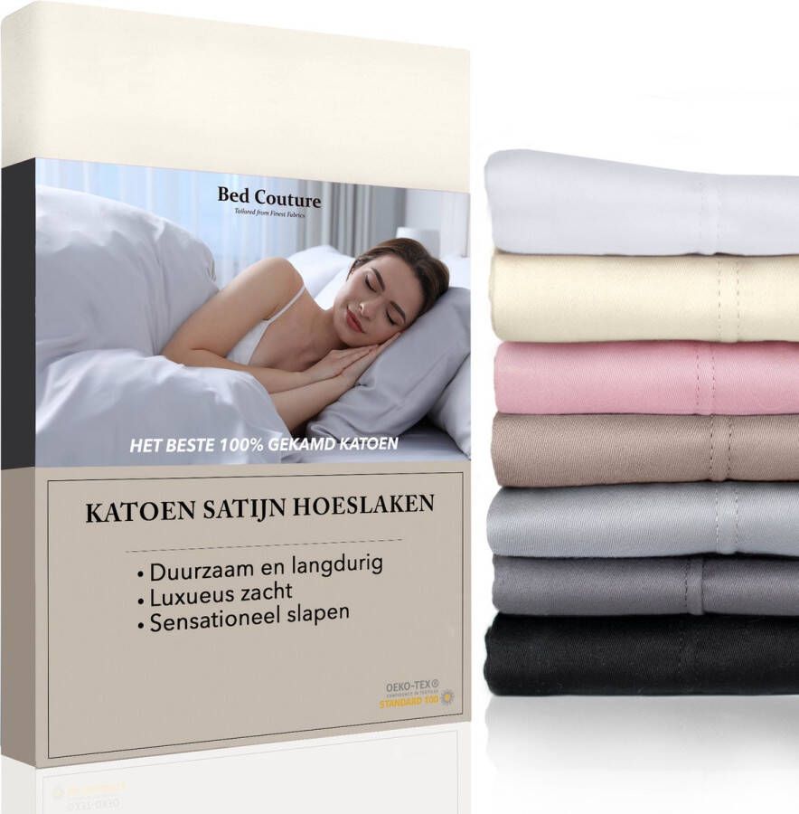 Bed Couture Satijnen Hoeslaken 100% Katoen Satijn Ecru 90x200cm Hoekhoogte 32cm Super Zacht 5 Sterrenhotel Kwaliteit