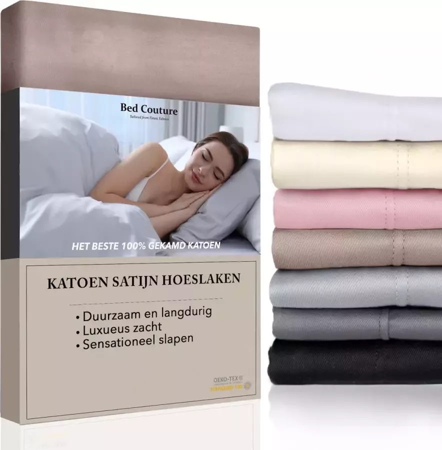 Bed Couture Satijnen Hoeslaken 100% Katoen Satijn Nougat 200x200cm Hoekhoogte 32cm Super Zacht 5 Sterrenhotel Kwaliteit