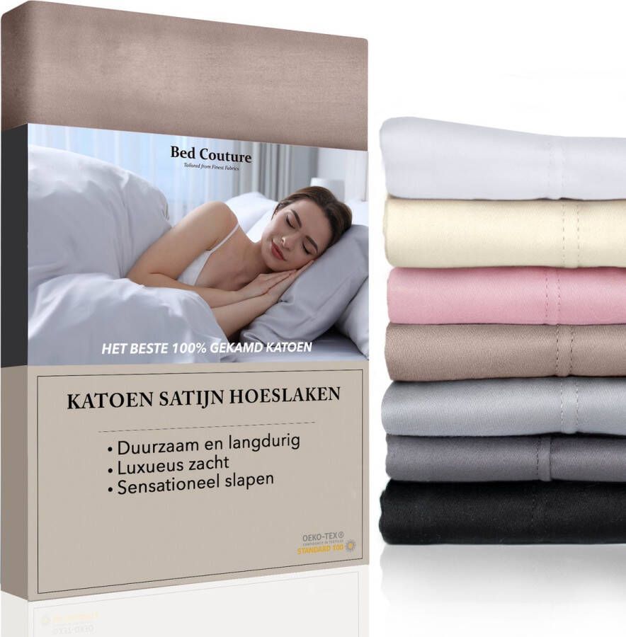 Bed Couture Satijnen Hoeslaken 100% Katoen Satijn Nougat 90x200cm Hoekhoogte 32cm Super Zacht 5 Sterrenhotel Kwaliteit