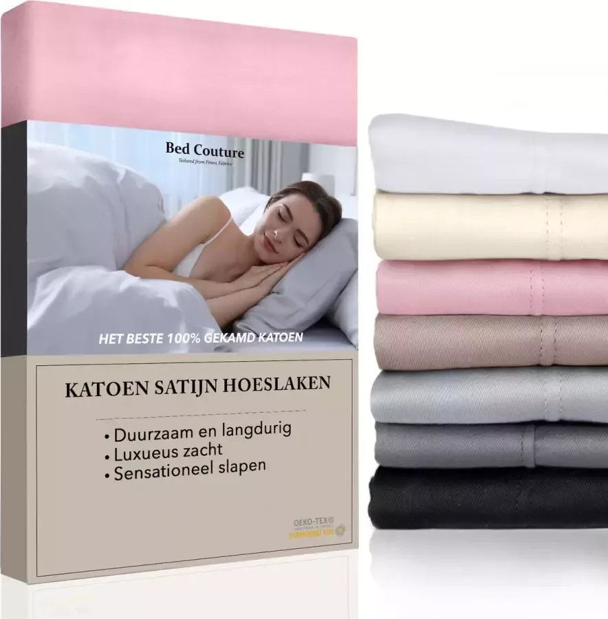 Bed Couture Satijnen Hoeslaken 100% Katoen Satijn Roos 140x200cm Hoekhoogte 32cm Super Zacht 5 Sterrenhotel Kwaliteit