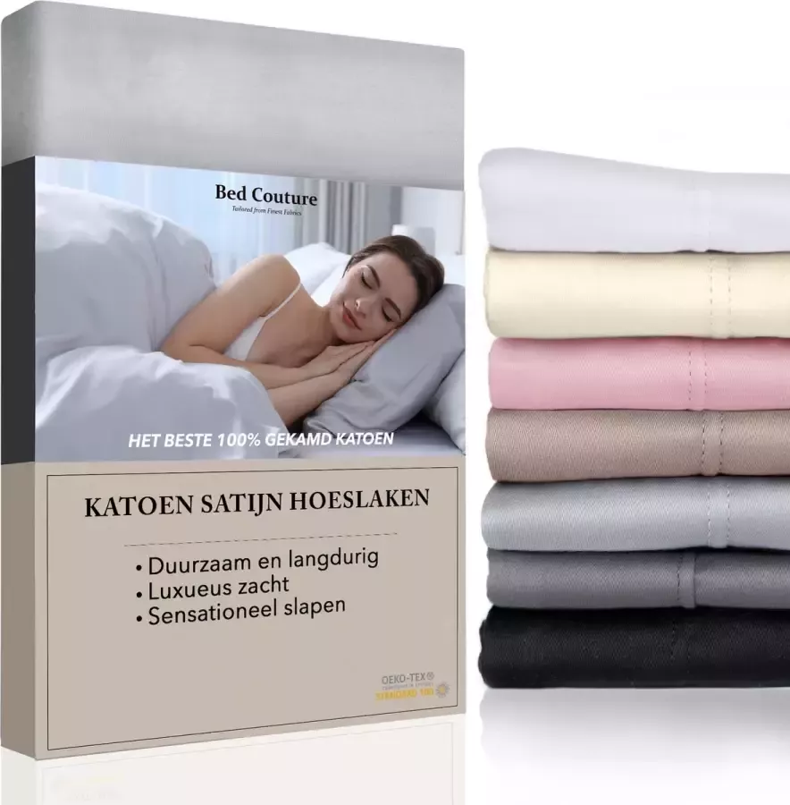 Bed Couture Satijnen Hoeslaken 100% Katoen Satijn Zilver Grijs 100x200cm Hoekhoogte 32cm Super Zacht 5 Sterrenhotel Kwaliteit