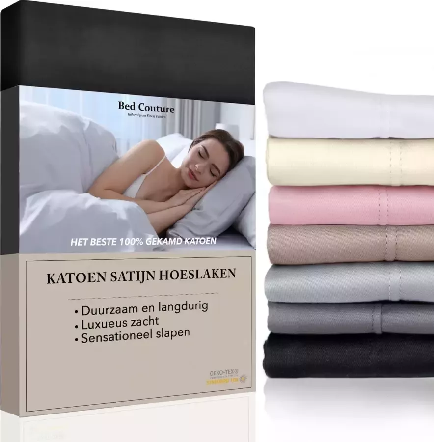 Bed Couture Satijnen Hoeslaken 100% Katoen Satijn Zwart 120x200cm Hoekhoogte 32cm Super Zacht 5 Sterrenhotel Kwaliteit