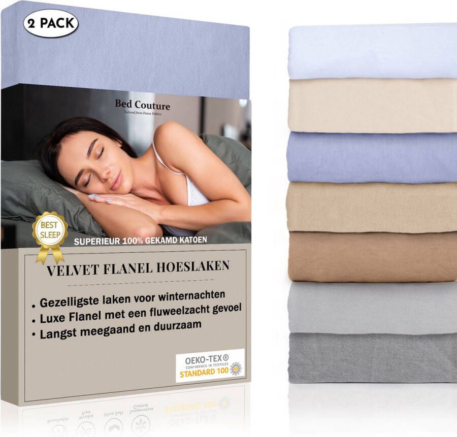 Bed Couture Velvet Flanel Hoeslaken 100% Gekamd Katoen Hoge Hoek 30cm 2x Eenpersoons 90x200 cm Winter Blauw (2-Pack)