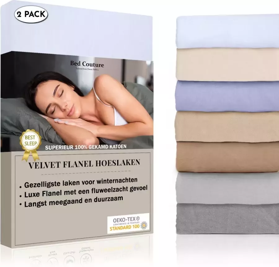Bed Couture Velvet Flanel Hoeslaken 100% Gekamd Katoen Hoge Hoek 30cm 2x Eenpersoons 90x200 cm Wit (2-Pack)