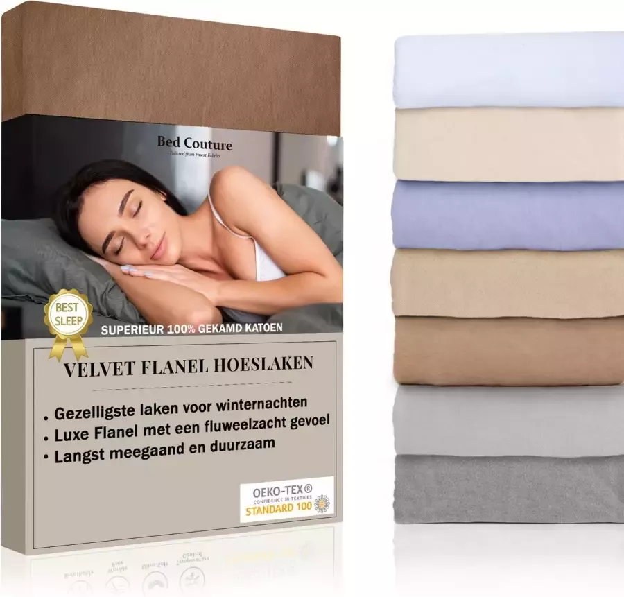 Bed Couture Velvet Flanel Hoeslaken 100% Gekamd Katoen Hoge Hoek 30cm Eenpersoons 100x200 cm Cappucino