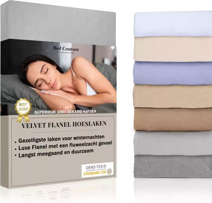 Bed Couture Velvet Flanel Hoeslaken 100% Gekamd Katoen Hoge Hoek 30cm Eenpersoons 100x200 cm Warm Grijs